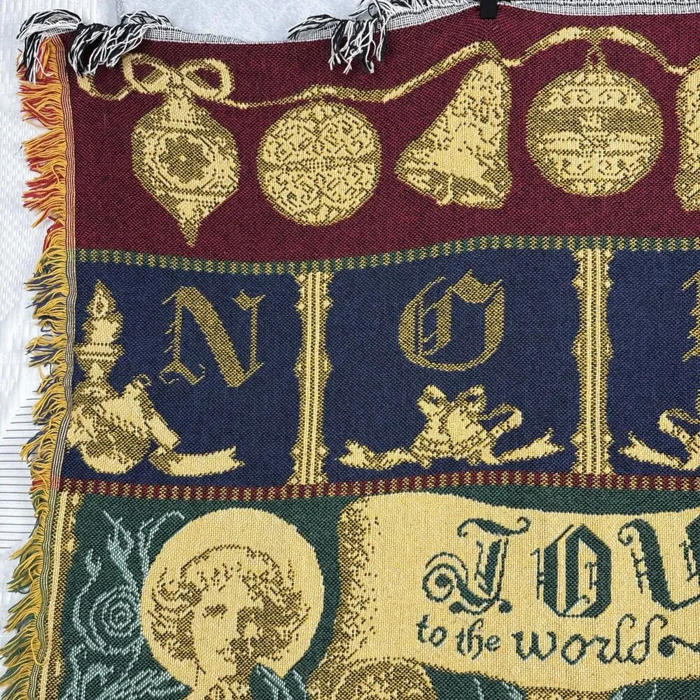Vtg Christmas Tapestry Throw Blanket 44X55 Afghan Knit Noel Joy World Holiday